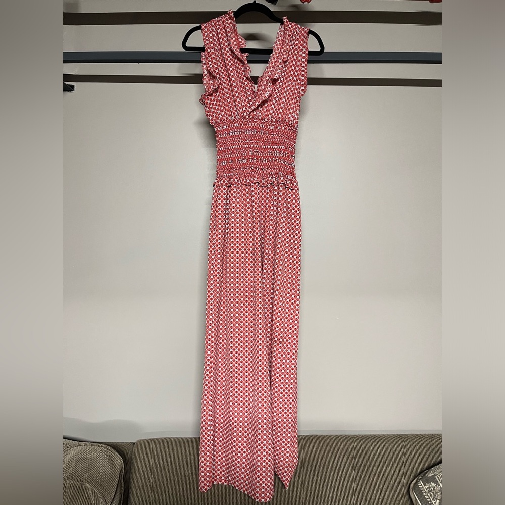 Max Studio Red Patterned Smocked Wide Leg 
Jumpsuit